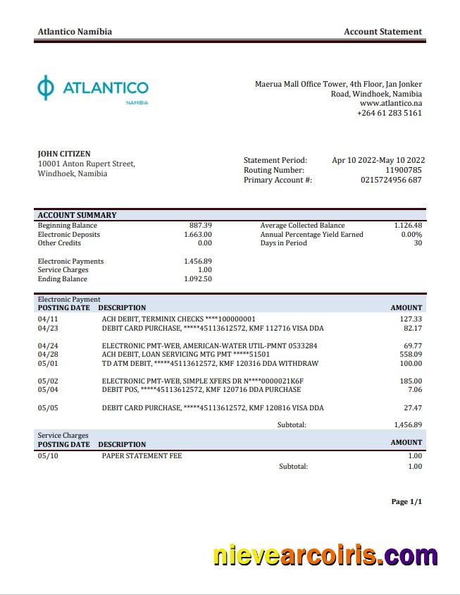 Namibia Atlantico bank statement